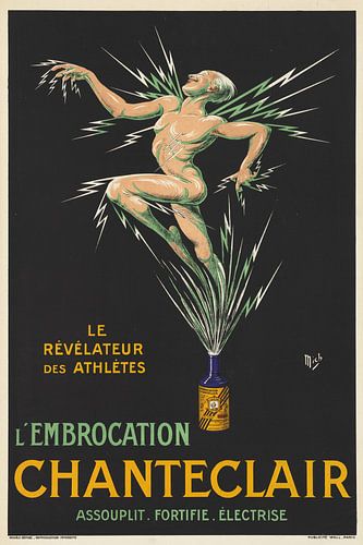 Naakte atleet die gelektroficeerd wordt, een scrub geneesmiddel op een reclameposter