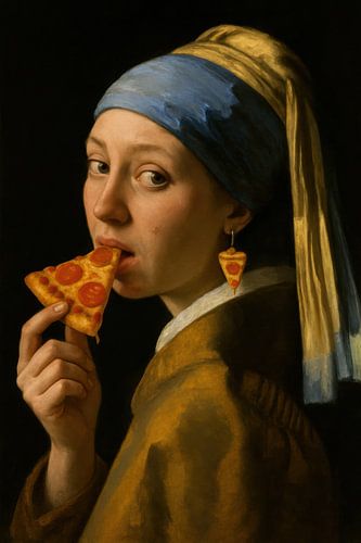 Meisje met pizza en parel van Poster Art Shop