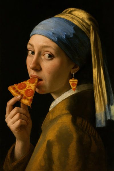 Meisje met pizza en parel van Poster Art Shop