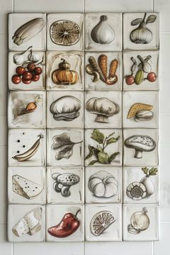 Old white Dutch tiles with food print for the wall