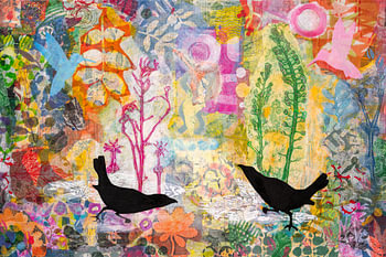 Collage mit Vögeln und Pflanzen