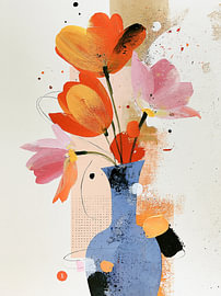 Bouquet joyeux dans un vase bleu sur Lina van Oers