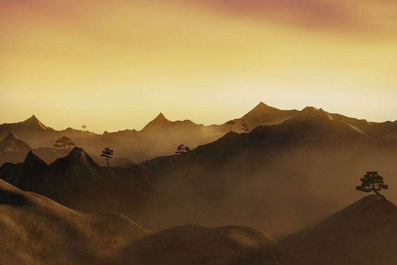 Vue sur des chaînes de montagnes avec quelques arbres d'Extrême-Orient dans un voile de brouillard par Besa Art
