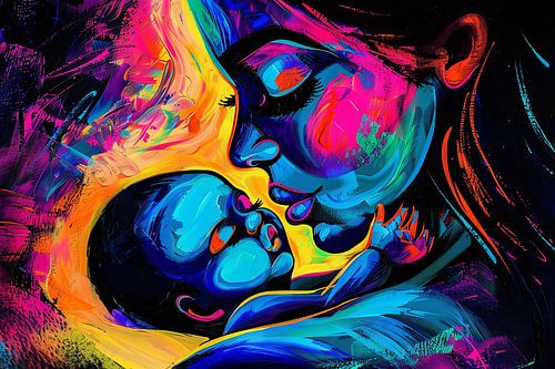 Digital abstract painterly portrait fictional woman and child