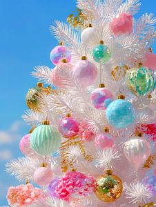 Weißer Weihnachtsbaum mit pastellfarbenen Kugeln - funkelnde Festtagsdekoration in frischen Farben