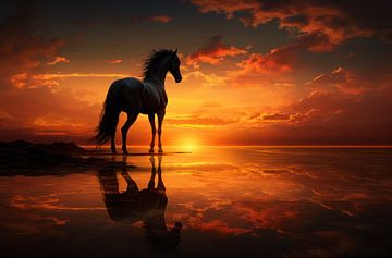 Paard zonsondergang oranje van Ellen Reografie