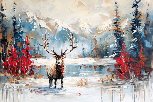 Expressief hert in winterlandschap schilderij