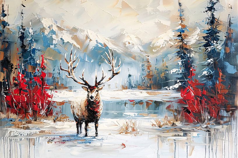 Expressief hert in winterlandschap schilderij van Art & Soul Creations