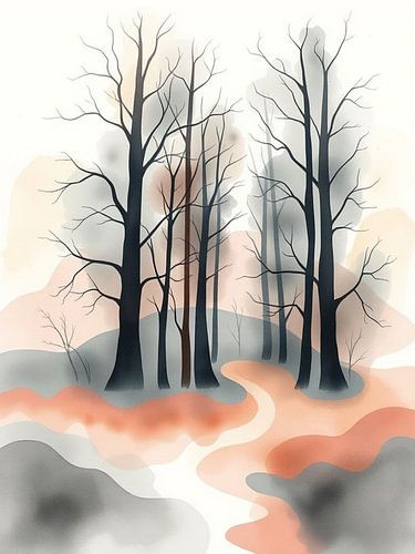 Een modern minimalistisch boslandschap met kale bomen