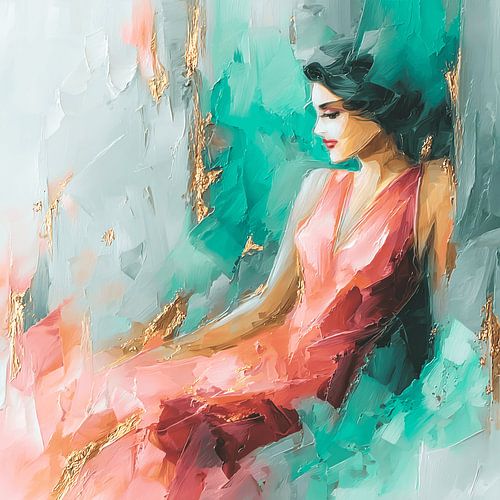 Dreaming Lady – Elegant Female Portrait in Turquoise and Coral