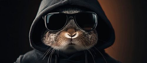 Stoer konijn in een hoodie en zonnebril