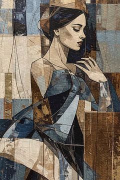 Abstract Vrouwelijk Figuur in Goudbruin, Beige en Blauw – Modern Kunstwerk met Textuur