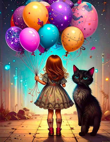 Mädchen mit Luftballons und Katze... von Ans Bastiaanssen