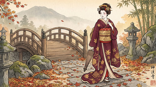 Autumn Geisha Crossing a Wooden Bridge Through a Serene Garden