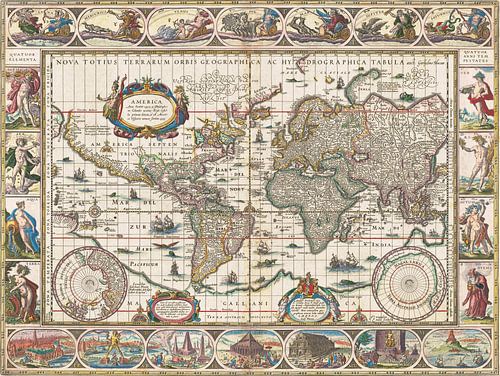 Wereldkaart met decoratieve randen, Jan Aertse van den Ende