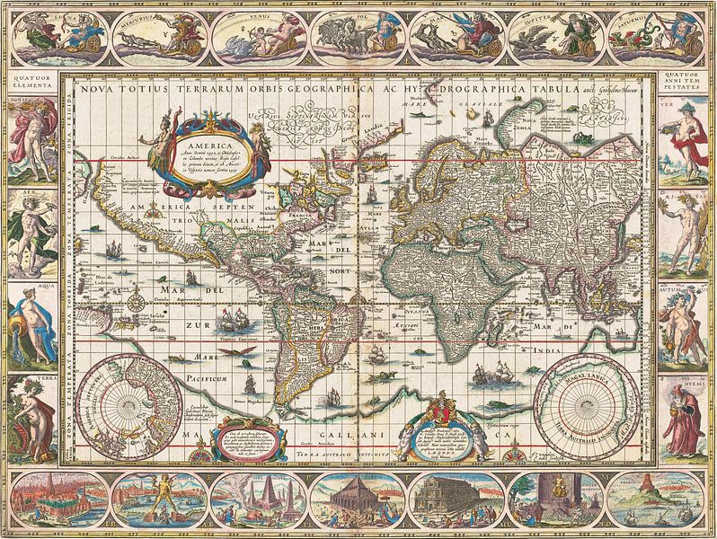 Wereldkaart met decoratieve randen, Jan Aertse van den Ende van Meesterlijcke Meesters