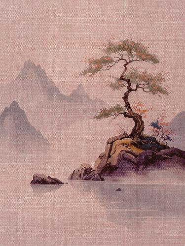 Verträumter japanischer Bonsai in einer Berglandschaft in einem puderrosa Farbton