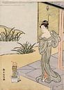 Suzuki Harunobu.Junge Frau, die einen Topf betrachtet von 1000 Schilderijen Miniaturansicht