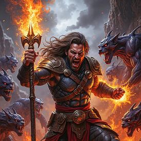 PYRAGORN - A warrior wielding a flaming spear against demonic beasts by INFERAURUM