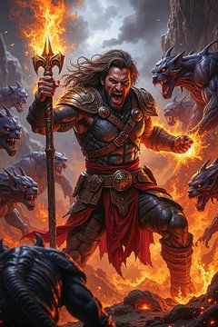 PYRAGORN - A warrior wielding a flaming spear against demonic beasts by INFERAURUM
