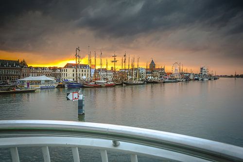 Sunset above historical medieval city the river IJssel 