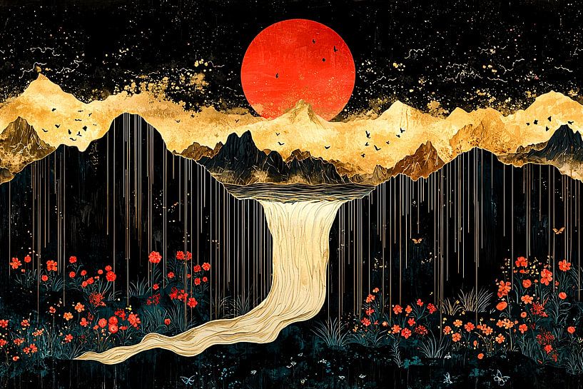 Waterfall and mountains with sun by Imperial Art House