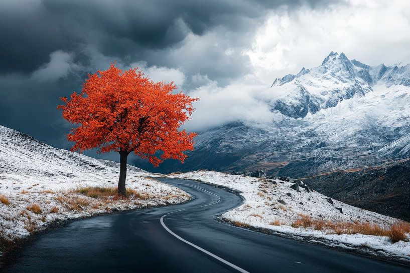 Herbstbaum am schneebedeckten Weg von Poster Art Shop