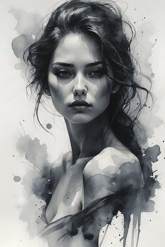 Een grijstinten portret van een jonge vrouw