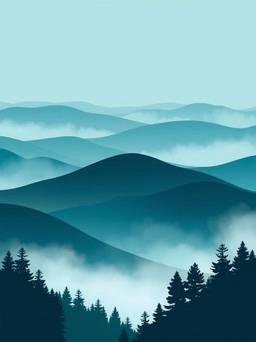 Een sereen landschap met ruisende dennen en rollende mist