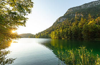 Lever de soleil en été au lac Thumsee près de Bad Reichenhall.
