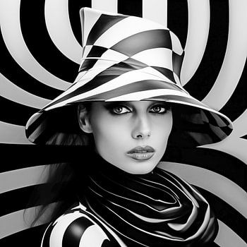 Portrait d'une dame au chapeau en noir et blanc