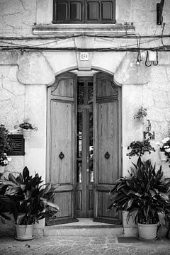 Oude houten deur met planten en bloempotten in Mallorca van Evelien Oerlemans