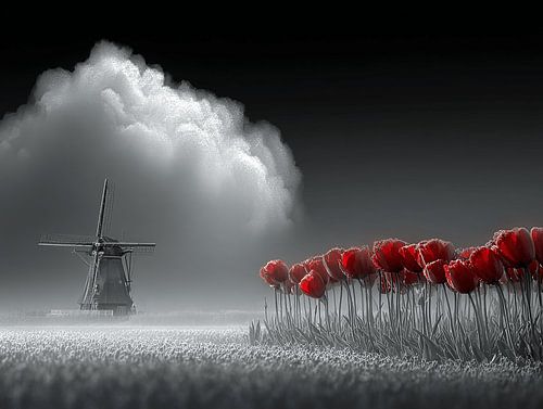 Silence en rouge | Moulin hollandais avec tulipes dans le brouillard