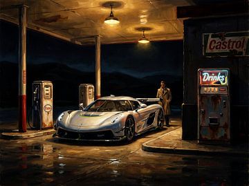 Zilveren Koenigsegg bij nacht in nostalgische benzinestation-scène