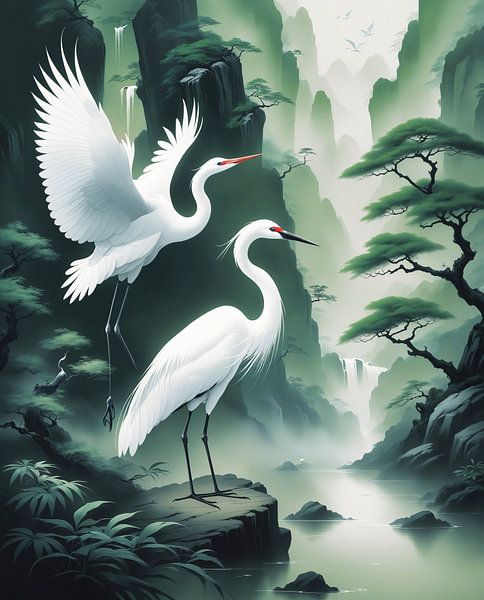 couple de grues blanches au lac peinture de style asiatique par Markus Gann