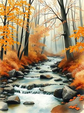 Gouden omhelzing van de herfst: Een serene kreek in een bos met veranderende kleuren van Artistic