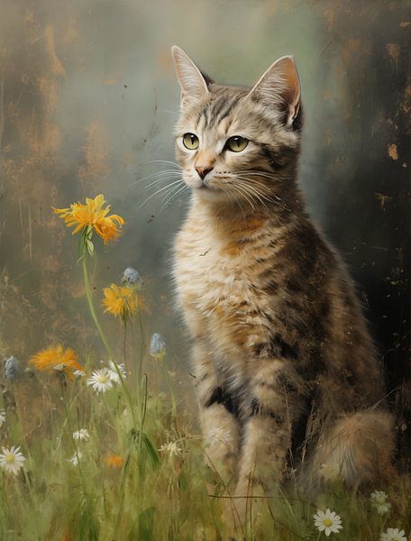 Gestreepte Kat tussen Wilde Bloemen van Emil Husstege