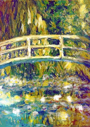 A romantic water lily pond with a Japanese bridge. by Ineke de Rijk