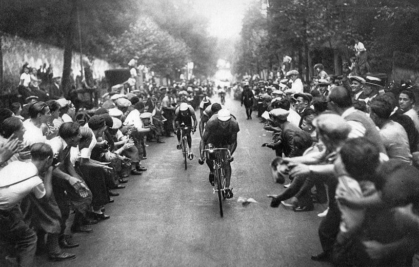 Tour de France cyclists and cheering crowd by Bridgeman Images