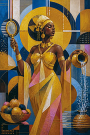 Die afrikanische Göttin Oshun: Königin der Liebe und der Flüsse, ein kubistisches Gemälde. von Galerie Hoppenbrouwers