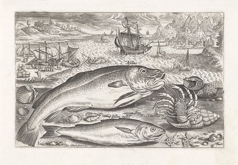Twee vissen op het strand van Adriaen Collaert, after 1598 - 1618 van Gave Meesters