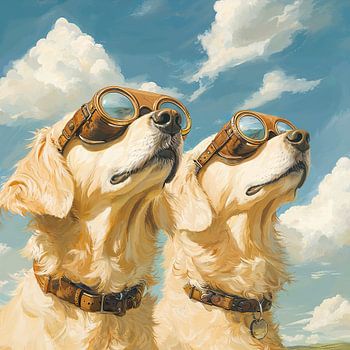 Two golden retrievers in the clouds
