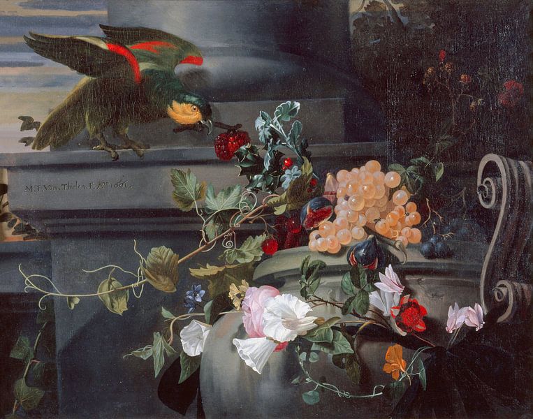 Stilleben mit Papagei, Maria Theresia van Thielen (1661) von Meesterlijcke Meesters