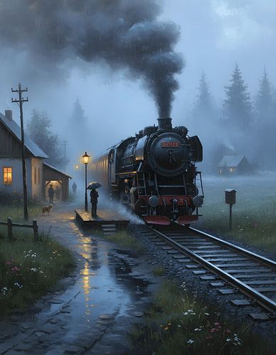 Dampflok im regnerischen Abenddämmerung