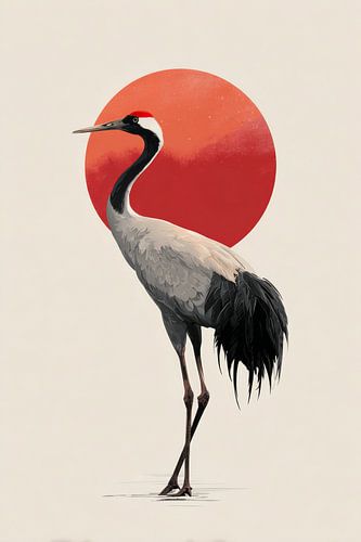 Grue cendrée près du Soleil rouge dans l'harmonie japonaise