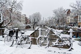 Sneeuw op de Oudegracht in Utrecht.