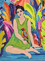 Vrouw met vogel, levendige tropische jungle kunstdruk