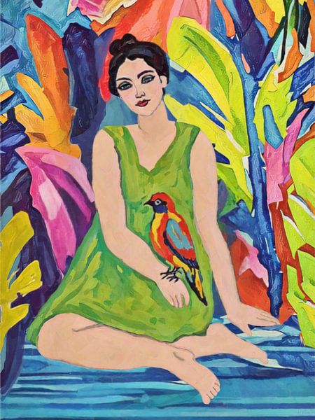 Vrouw met vogel, levendige tropische jungle kunstdruk van Hecate Pim