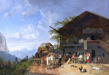 Rast vor einem Gasthof in den Bergen, HEINRICH BÜRKEL, Um 1846-1857