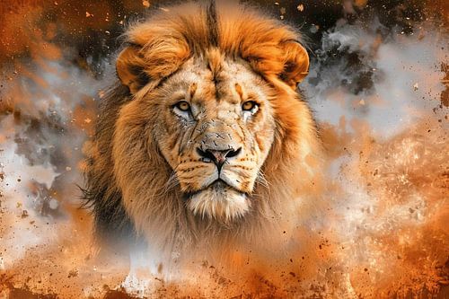 Leeuw in vurige storm kunstwerk